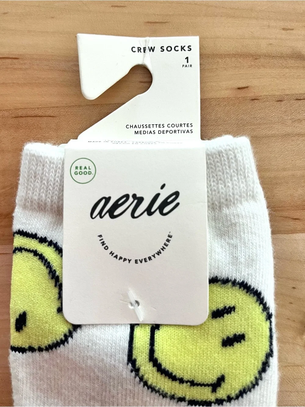 Aerie White Crew Socks with Neon Yellow Smiley Faces, NWT